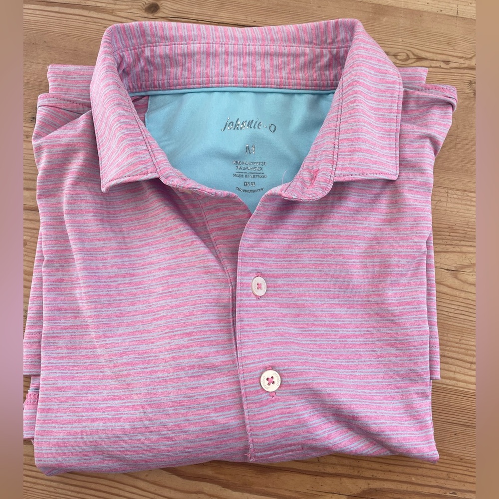 johnnie-O Men’s Pink and Light Blue Striped Polo Shirt size M